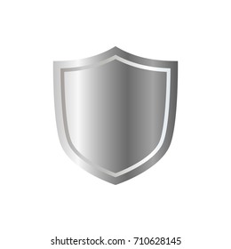 Silver shield shape icon. 3D gray emblem sign isolated on white background. Symbol of security, power, protection. Badge shape shield graphic design Vector illustration