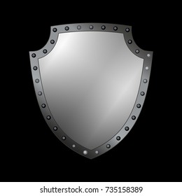 Silver shield shape icon. 3D gray emblem sign isolated on black background. Symbol of security, power, protection. Badge shape shield graphic design Vector illustration