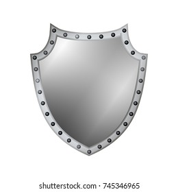 Silver shield shape icon. 3D gray emblem sign isolated on white background. Symbol of security, power, protection. Badge shape shield graphic design Vector illustration