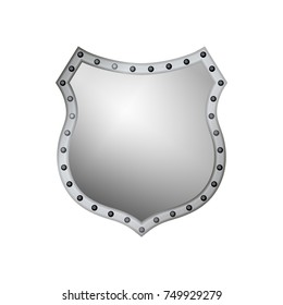 Silver shield shape icon. 3D gray emblem sign isolated on white background. Symbol of security, power, protection. Badge shape shield graphic design Vector illustration