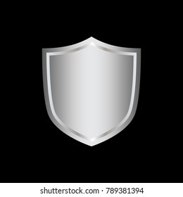 Silver shield shape icon. 3D gray emblem sign isolated on black background. Symbol of security, power, protection. Badge shape shield graphic design Vector illustration