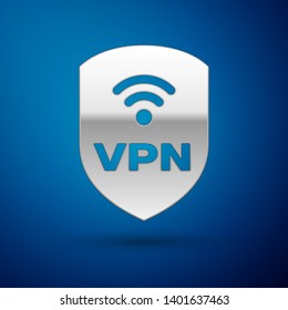 Silver Shield with VPN and wifi wireless internet network symbol icon isolated on blue background. VPN protect safety concept. Vector Illustration