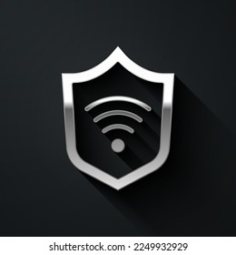Silver Shield mit WiFi Wireless Internet Symbol einzeln auf schwarzem Hintergrund. Sicherheitskonzept für den Schutz. Lange Schattenstil. Vektorgrafik