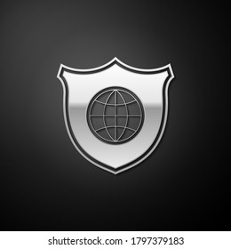 Silver Shield with world globe icon isolated on black background. Security and safety privacy protection concept. Long shadow style. Vector.