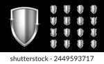 Silver shields with frame set for emblem, logo, badge, label. Vector luxury design elements. Royal medieval military armor collection isolated on black background. War trophy, heraldic symbol.