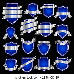 Silver shields laurel wreath with golden ribbon vector collection
