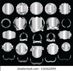 Silver shields laurel wreaths and badges vector collection
