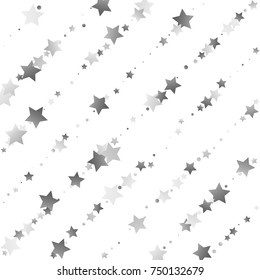 Silver Shimmering Starry Stripes on White Sky. Greeting Card, Invitation, Wedding Background with Glittering Stars Confetti. White Sky Vector Striped Background for Glamour, Luxury Design