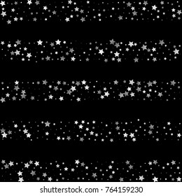 Silver Shimmering Starry Stripes on Dark Sky. Greeting Card, Invitation, Wedding Background with Glittering Stars Confetti. Night Sky Vector Striped Background for Glamour, Luxury Design