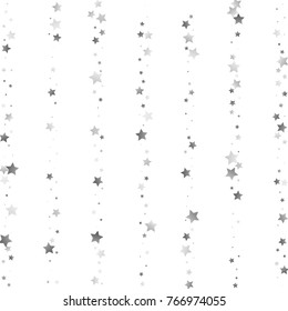 Silver Shimmering Starry Stripes on White Sky. Greeting Card, Invitation, Wedding Background with Glittering Stars Confetti. Bright Sky Vector Striped Background for Glamour, Luxury Design.