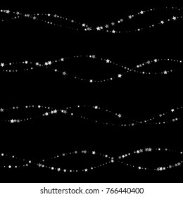 Silver Shimmering Starry Wavy Stripes on Dark Sky. Greeting Card, Invitation, Wedding Background with Glittering Stars Confetti. Night Sky Vector Striped Background for Glamour, Luxury Design.