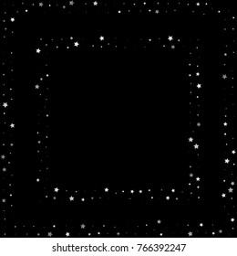 Silver Shimmering Stars Frame on Black Background. Greeting Card, Invitation Template with Glittering Stars Confetti Square Border. Dark Sky Vector Background for Glamour, Luxury Design