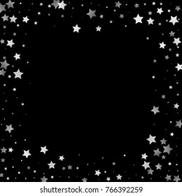 Silver Shimmering Stars Frame on Black Background. Greeting Card, Invitation Template with Glittering Stars Confetti Square Border. Dark Sky Vector Background for Glamour, Luxury Design
