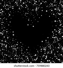 Silver Shimmering Stars Heart on Black Background with Free Space. Greeting Card, Invitation, Wedding Template with Glittering Silver Stars Confetti. Night Sky Vector Background for Luxury Design.