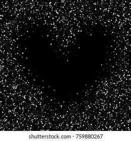 Silver Shimmering Stars Heart on Night Sky. Wedding, Greeting Card, Invitation Background with Silver Glittering Stars Confetti. Black Sky Vector Background for Luxury, Glamour Design.