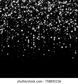 Silver Shimmering Stars on Black Sky. Wedding, Greeting Card, Invitation Background with Silver Glittering Stars Confetti. Night Sky Vector Background for Luxury, Glamour Design.