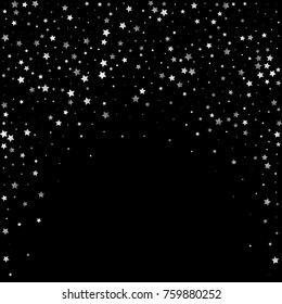 Silver Shimmering Stars on Black Background with Free Space. Greeting Card, Invitation, Wedding Template with Glittering Silver Stars Confetti. Night Sky Vector Background for Luxury, Glamour Design.