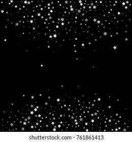 Silver Shimmering Stars on Black Background with Free Space. Greeting Card, Invitation, Wedding Template with Glittering Silver Stars Confetti. Dark Sky Vector Background for Luxury, Glamour Design