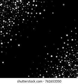 Silver Shimmering Stars on Black Background with Free Space. Greeting Card, Invitation, Wedding Template with Glittering Silver Stars Confetti. Dark Sky Vector Background for Luxury, Glamour Design