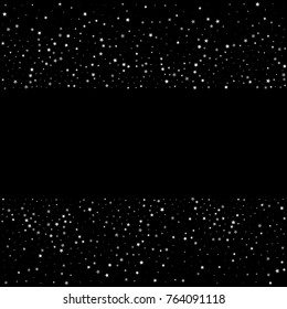 Silver Shimmering Stars on Black Background with Free Space. Greeting Card, Invitation, Wedding Template with Glittering Silver Stars Confetti. Dark Sky Vector Background for Luxury, Glamour Design