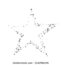 Silver Shimmering Stars on White Background with Free Space. White Sky Vector Background for Luxury, Glamour Design. Greeting Card, Invitation, Wedding Template with Glittering Silver Stars Confetti. 