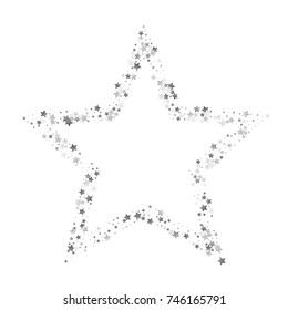 Silver Shimmering Stars on White Background with Free Space. Greeting Card, Invitation, Wedding Template with Glittering Silver Stars Confetti. White Sky Vector Background for Luxury, Glamour Design.