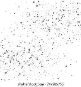Silver Shimmering Stars on White Sky. Wedding, Greeting Card, Invitation Background with Silver Glittering Stars Confetti. White Sky Vector Background for Luxury, Glamour Design