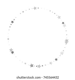 Silver Shimmering Stars Round Frame on White Background. Greeting Card, Invitation, Wedding Template with Glittering Stars Confetti Border. Sky Vector Background for Glamour, Luxury Design.