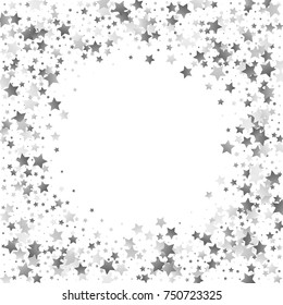 Silver Shimmering Stars Round Frame on White Background. Greeting Card, Invitation, Wedding Template with Glittering Stars Confetti Border. White Sky Vector Background for Glamour, Luxury Design.