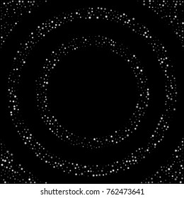 Silver Shimmering Stars Round Frame on Black Background. Greeting Card, Invitation, Wedding Template with Glittering Stars Confetti Border. Night Sky Vector Background for Glamour, Luxury Design.