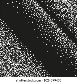 Silver shine of confetti on a black background. Illustration of a drop of shiny particles. Decorative element. Luxury background for your design, cards, invitations, gift, vip. 