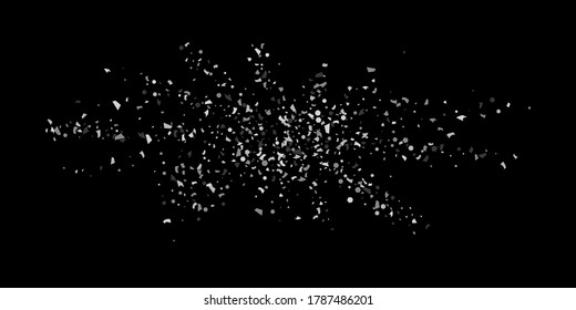 Silver shine of confetti on a black background. Illustration of a drop of shiny particles. Decorative element. Luxury background for your design, cards, invitations, gift, vip. 