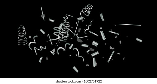 Silver shine of confetti on a black background. Illustration of a drop of shiny particles. Decorative element. Luxury background for your design, cards, invitations, gift, vip. 