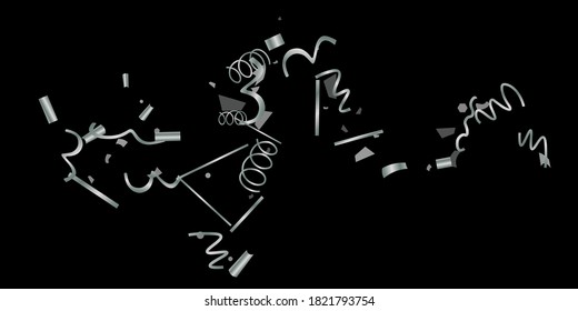 Silberglanz von Konfetti auf schwarzem Hintergrund. Illustration eines Tropfens glänzender Partikel. Dekoratives Element. Luxuriöser Hintergrund für Ihr Design, Karten, Einladungen, Geschenk, Vip. 