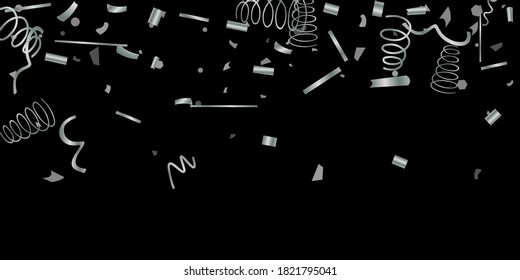 Silver shine of confetti on a black background. Illustration of a drop of shiny particles. Decorative element. Luxury background for your design, cards, invitations, gift, vip. 