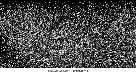 Silberglanz von Konfetti auf schwarzem Hintergrund.  Illustration eines Tropfens glänzender Partikel. Dekoratives Element. Element des Designs. Vektorgrafik, EPS10. 