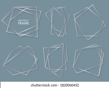 Silver Shine Frame Abstract Polygonal Geometric Set. Luxury Decorative Modern. Wedding Invitation Card Template Empty Text Banner. Polyhedron Frame Design Element Isolated Vector Illustration