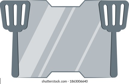 a Silver shining banner or signboard with transparent background. Can be used in food related posts to show menu, prices, rules, restaurant items, etc. Shiny metal plate with spatulas.