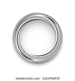 Ilustración del marco de texto de círculo brillante plateado. Borde redondo brillante con espacio de copia sobre fondo blanco. Anillo de acero, forma geométrica circular con efecto espumoso. Elemento de diseño aislado