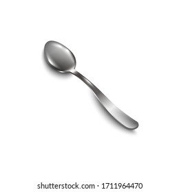 Silver shining and clean teaspoon or soup spoon top view, 3d realistic vector illustration isolated on white background. Kitchen cutlery for food cooking and eating.