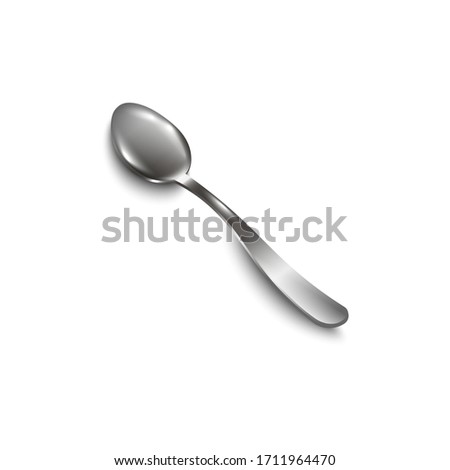 Silver shining and clean teaspoon or soup spoon top view, 3d realistic vector illustration isolated on white background. Kitchen cutlery for food cooking and eating.