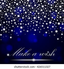 Silver shining falling stars on blue ambient blurred background. Luxury design. Vector illustration