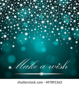 Silver shining falling stars on turquoise ambient blurred background. Luxury design. Vector illustration