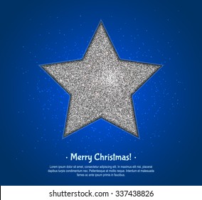 Silver shining five-pointed star on blue background, design greeting cards. Realistic texture of silver. Merry Christmas template postcard. Vector illustration.