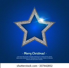 Silver shining five-pointed star with reflection on blue background, design greeting cards. Realistic texture of silver. Merry Christmas template postcard. Vector illustration.