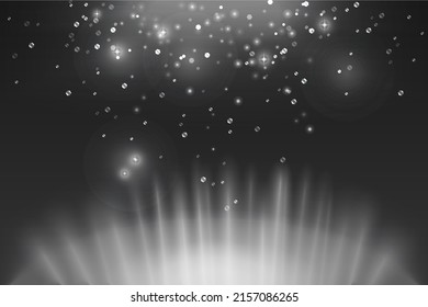 Silver shining with glowing white glitter, shine light effect vector illustration. Bright shiny confetti magic particles and stars, glow of starburst flare on dark black background