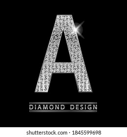 Una letra brillante plateada con ilustración vectorial de diamantes. Gemas blancas con luz en letra metálica. Elegante logotipo de lujo para joyería o negocios de casino.