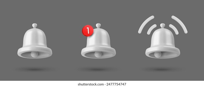 Clipart de iconos de vector 3d de campana de notificación de plata brillante aislado en fondo gris