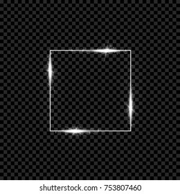Silver shining square banner. Light, sparkle, glowing effect. Glitter magic square frame on dark transparent background. Vector illustration.