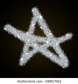 Silver Shining Star Background. Hand Drawn Star Symbol Isolated on Black Background. Silver Star with Sparkles. Glitter Silver Star. Silver Dust in Star Shape. Star Background. Vector Illustration.